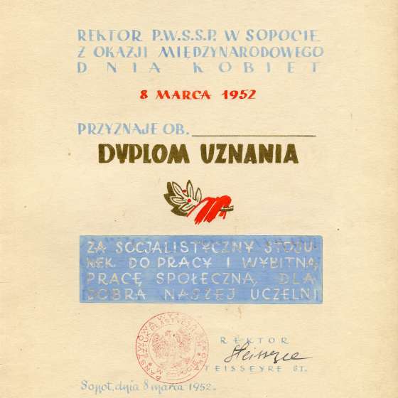 Dyplom Uznania z okazji Międzynarodowego Dnia Kobiet, 1952, źródło: Archiwum ASP w Gdańsku 