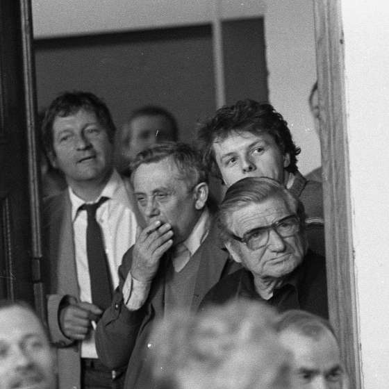 Kazimierz Ostrowski, Krzysztof Gliszczyński, Roman Sznajder, Włodzimierz Łajming podczas wyborów Rektora, 1981 r.
